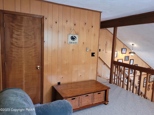 21 Cherry Ct, Clifton Township, PA 18424 - hallway featuring a textured ceiling, carpet, wooden walls, and an upstairs landing