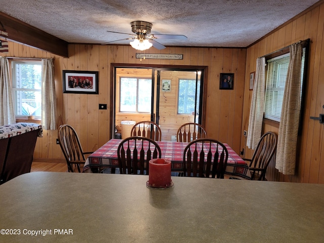 21 Cherry Ct, Clifton Township, PA 18424 - dining space with wood walls, a textured ceiling, and ceiling fan