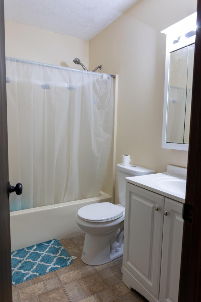371 Ridge Cir, Cresco, PA 18326 - bathroom with shower / bathtub combination with curtain, vanity, and stone finish flooring