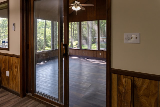 371 Ridge Cir, Cresco, PA 18326 - unfurnished sunroom with healthy amount of natural light, wood finished floors, a wainscoted wall, and wood walls