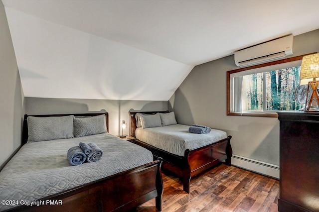 bedroom with lofted ceiling, wood finished floors, baseboard heating, and a wall mounted AC