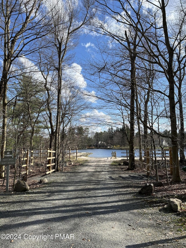 view of street with a water view