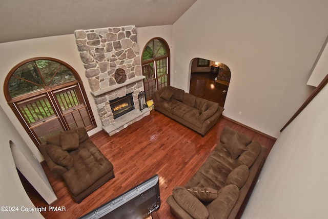 living area with a stone fireplace, lofted ceiling, and wood finished floors