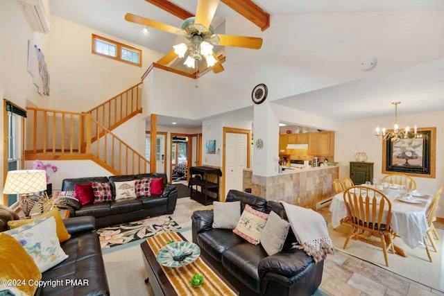 482 Spruce Dr, Tannersville, PA 18372 - living room featuring beamed ceiling, a wall mounted air conditioner, stairs, ceiling fan with notable chandelier, and high vaulted ceiling