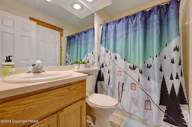 482 Spruce Dr, Tannersville, PA 18372 - bathroom with tile patterned floors, a shower with curtain, toilet, and vanity