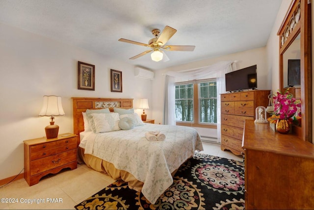 482 Spruce Dr, Tannersville, PA 18372 - bedroom with light tile patterned flooring, baseboards, an AC wall unit, and ceiling fan