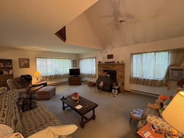 268 Shawnee Dr, East Stroudsburg, PA 18302 - carpeted living area featuring baseboard heating, high vaulted ceiling, and a fireplace