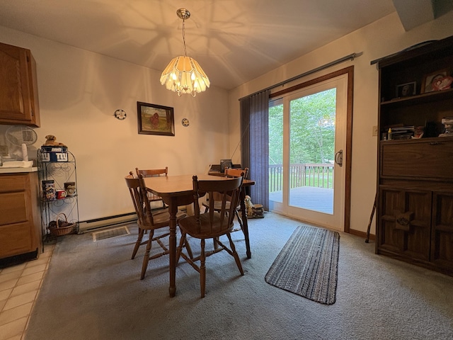 268 Shawnee Dr, East Stroudsburg, PA 18302 - dining space featuring a chandelier, baseboard heating, and light colored carpet