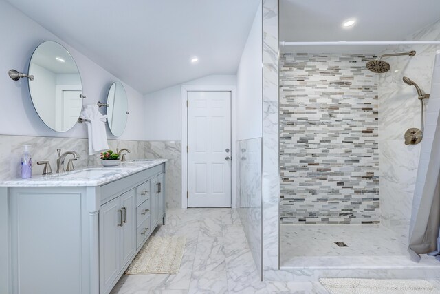 143 Cathleen Dr, East Stroudsburg, PA 18302 - full bathroom featuring tile walls, marble finish floors, double vanity, a tile shower, and recessed lighting