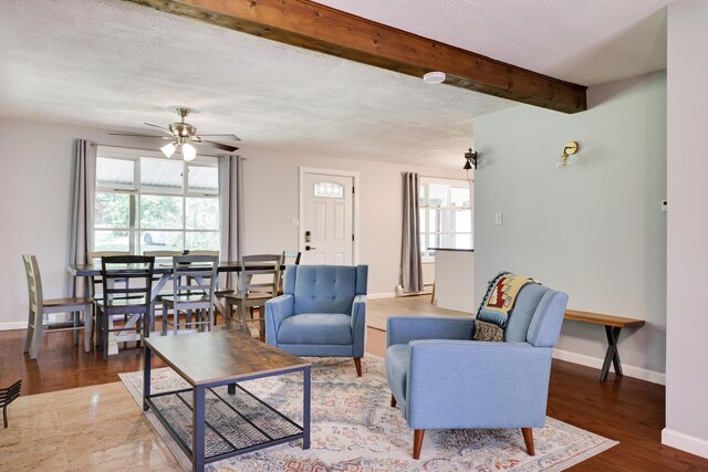 143 Cathleen Dr, East Stroudsburg, PA 18302 - living room featuring plenty of natural light, baseboards, beamed ceiling, a ceiling fan, and a textured ceiling