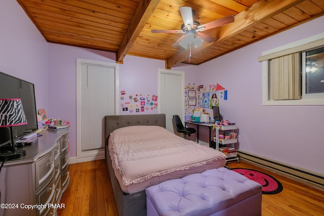 bedroom featuring hardwood / wood-style floors, wood ceiling, a baseboard heating unit, and beamed ceiling