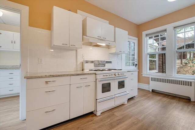 kitchen with a healthy amount of sunlight, double oven range, radiator, and under cabinet range hood