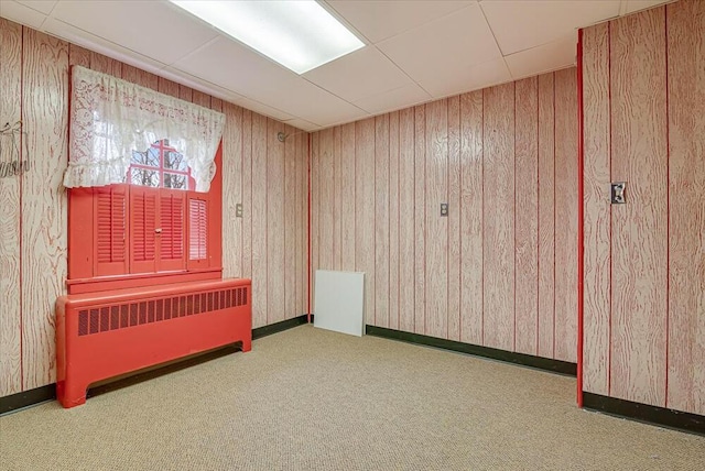 interior space featuring radiator heating unit and wood walls