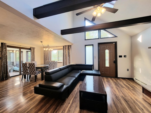 157 Seminole Trl, Tobyhanna, PA 18466 - living area with wood finished floors, ceiling fan, a baseboard heating unit, a chandelier, and baseboards