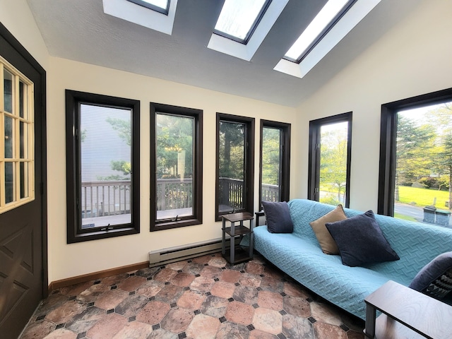 157 Seminole Trl, Tobyhanna, PA 18466 - sunroom with a skylight, lofted ceiling, baseboard heating, and baseboards
