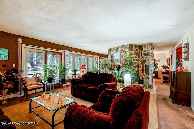 living room featuring carpet, a textured ceiling, and a baseboard radiator