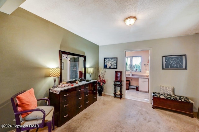 sitting room with light carpet, baseboards, and a textured ceiling