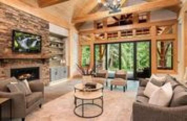 living area featuring a fireplace