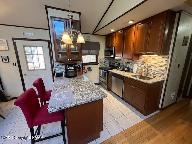 kitchen featuring a wealth of natural light, appliances with stainless steel finishes, a sink, and a breakfast bar