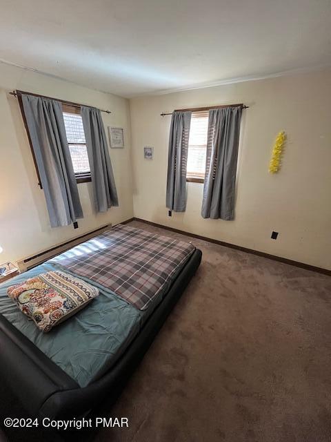 bedroom featuring a baseboard heating unit, carpet, crown molding, and baseboards