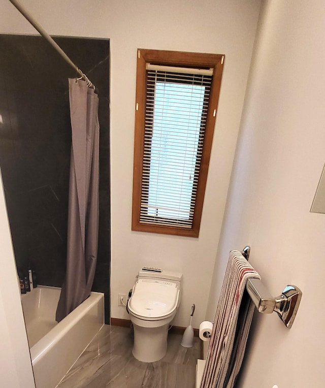 full bath with marble finish flooring, toilet, shower / bathtub combination with curtain, and baseboards
