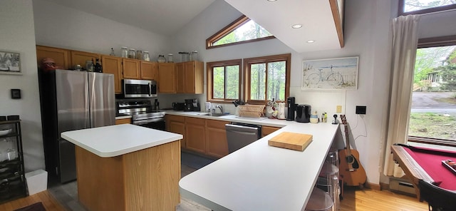 kitchen with appliances with stainless steel finishes, light wood finished floors, a sink, light countertops, and a kitchen island