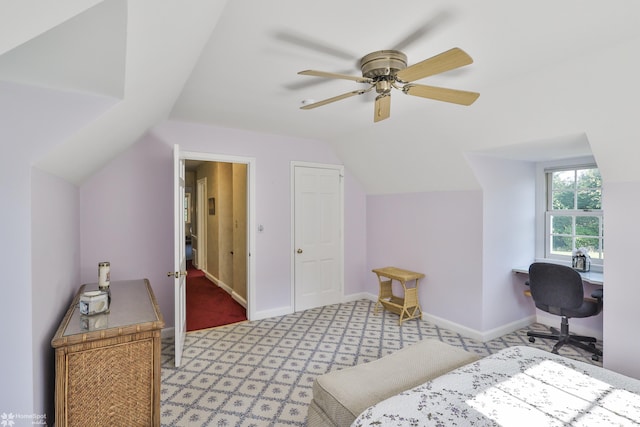 2711 Main St, Bethlehem, PA 18017 - bedroom featuring light colored carpet, vaulted ceiling, ceiling fan, and an office area