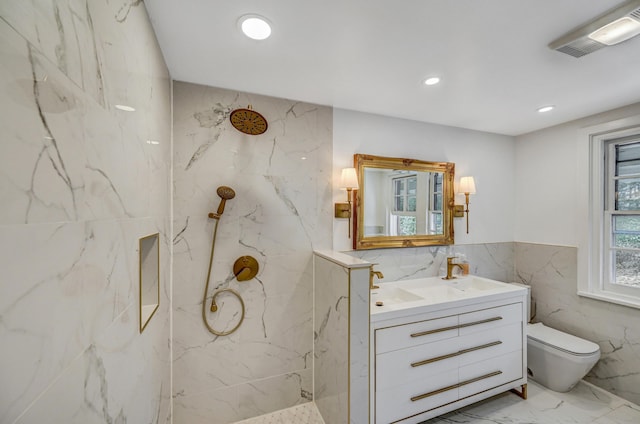 24 Summit Ave, Pocono Summit, PA 18346 - bathroom with tile walls, visible vents, marble finish floor, a marble finish shower, and toilet