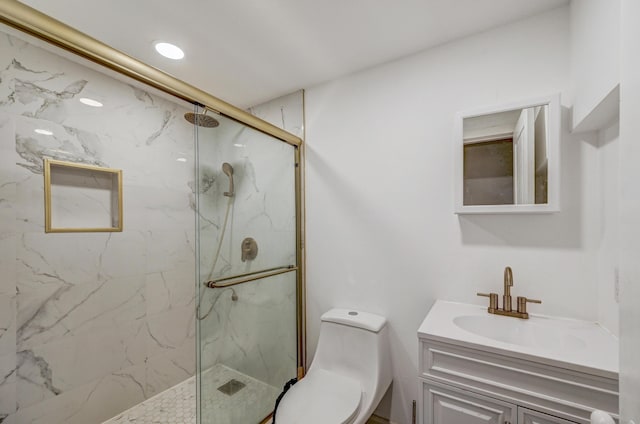 24 Summit Ave, Pocono Summit, PA 18346 - full bath with recessed lighting, toilet, vanity, and a marble finish shower