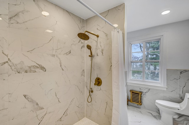 24 Summit Ave, Pocono Summit, PA 18346 - full bath featuring marble finish floor, toilet, a marble finish shower, and recessed lighting