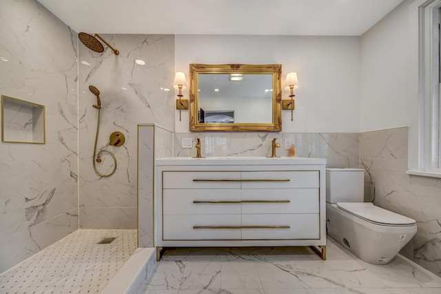 24 Summit Ave, Pocono Summit, PA 18346 - full bath featuring toilet, a marble finish shower, double vanity, marble finish floor, and tile walls