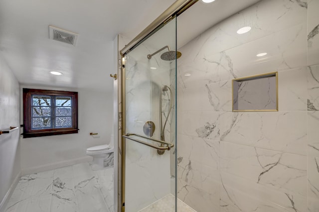 24 Summit Ave, Pocono Summit, PA 18346 - full bathroom featuring a marble finish shower, marble finish floor, visible vents, and toilet