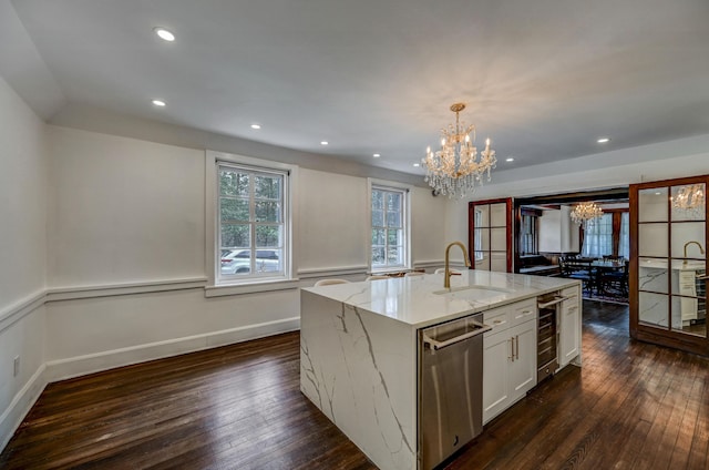 24 Summit Ave, Pocono Summit, PA 18346 - kitchen featuring wine cooler, a sink, stainless steel dishwasher, dark wood finished floors, and an inviting chandelier