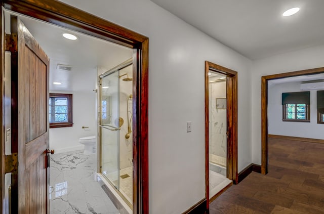 24 Summit Ave, Pocono Summit, PA 18346 - hall featuring recessed lighting, a wall mounted AC, baseboards, and wood finished floors
