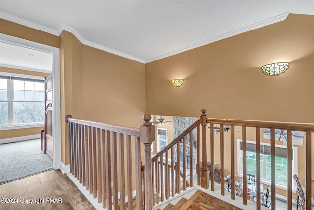 hallway featuring an upstairs landing, wood finished floors, baseboards, and ornamental molding