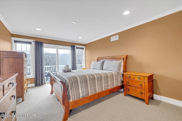 bedroom with access to exterior, visible vents, crown molding, baseboards, and light colored carpet