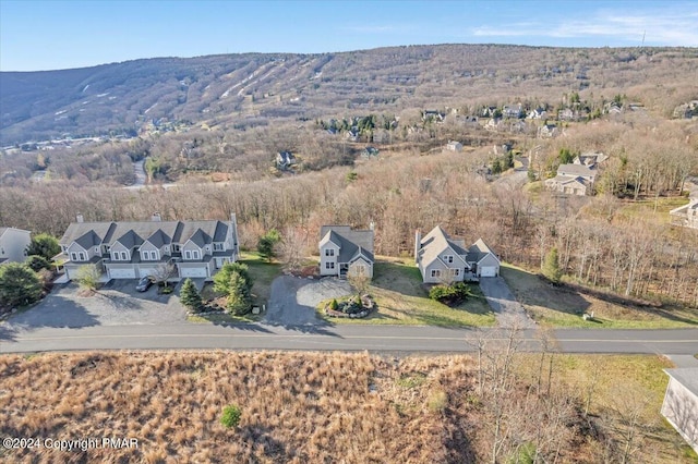 drone / aerial view featuring a mountain view