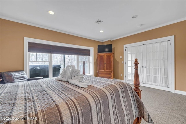 carpeted bedroom with access to exterior, baseboards, visible vents, and ornamental molding