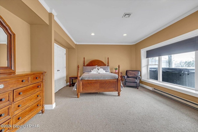 bedroom with visible vents, light colored carpet, and crown molding