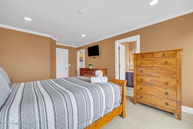 bedroom featuring light carpet, recessed lighting, baseboards, and ornamental molding