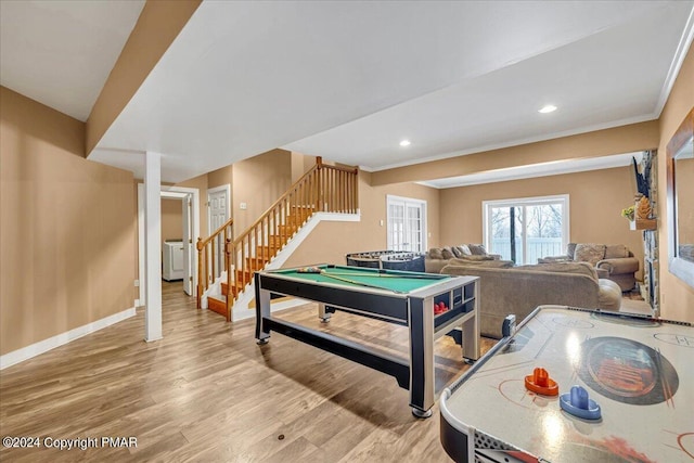 rec room with baseboards, recessed lighting, light wood-style floors, washer / clothes dryer, and billiards