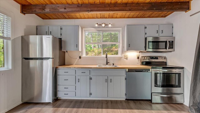 5015 Woodbridge Dr E, Bushkill, PA 18324 - kitchen featuring stainless steel appliances, a sink, wooden ceiling with exposed beams, wood finished floors, and light countertops