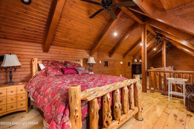 bedroom featuring wood ceiling, wooden walls, lofted ceiling with beams, and light wood finished floors