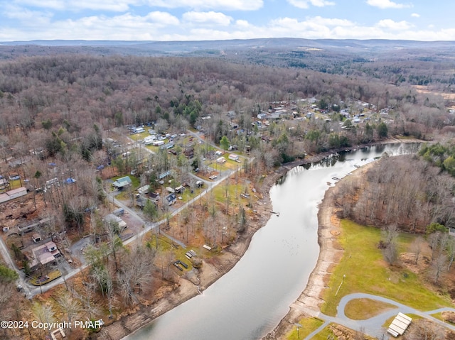 aerial view featuring a water view and a forest view