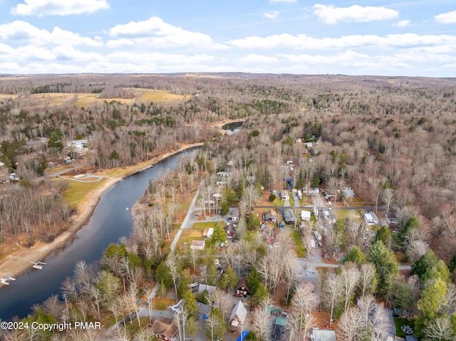 birds eye view of property with a forest view and a water view