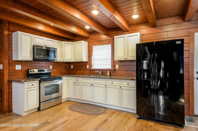 kitchen with wood walls, wood ceiling, stainless steel appliances, and a sink