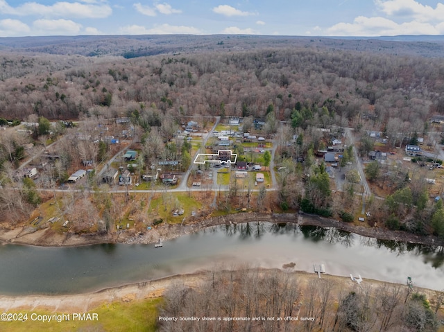 birds eye view of property with a water view and a forest view