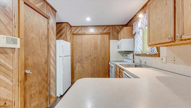 5913 NE Decker Rd NE, Bushkill, PA 18324 - kitchen featuring white appliances, light countertops, and wooden walls