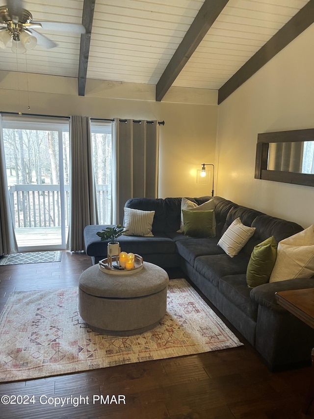 living room featuring a ceiling fan, wood ceiling, vaulted ceiling with beams, and wood finished floors