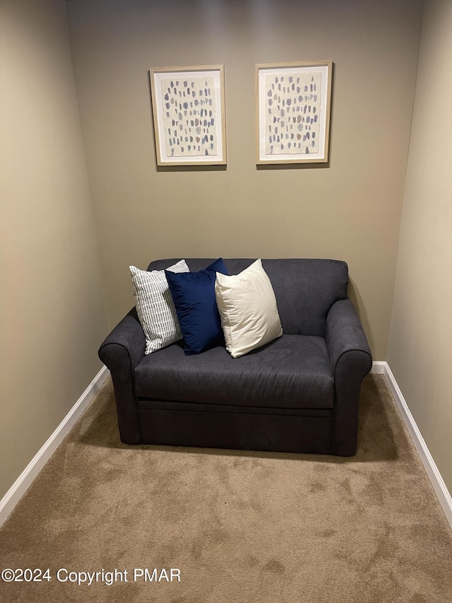 sitting room featuring carpet floors and baseboards